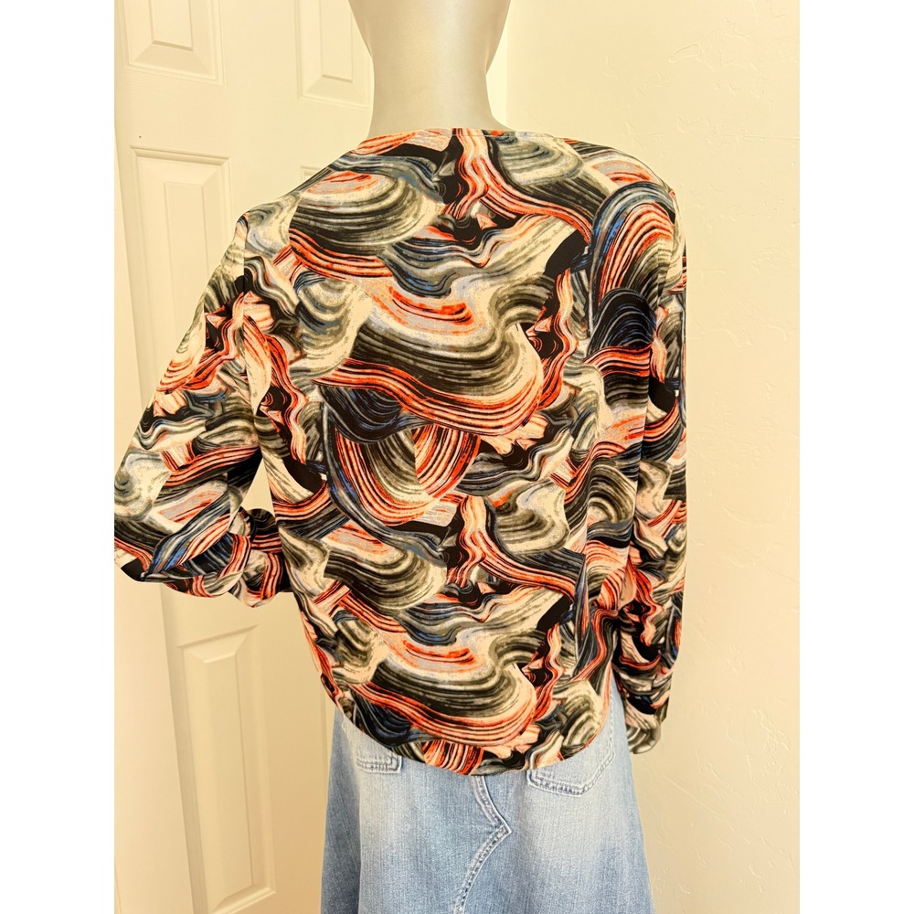 Halogen Abstract Marble Print Faux Wrap Blouse V-Neck Long Sleeve Multicolor S - Picture 6 of 9
